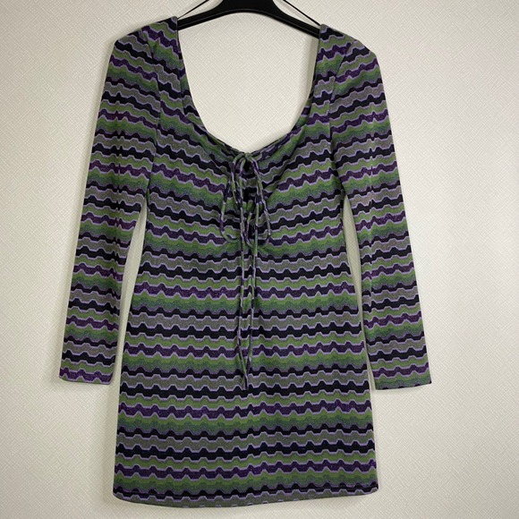 Zara Mini Dress Womens Long Sleeve‎ Knit Purple Green Wave Pattern Sz L EUC - Picture 1 of 8